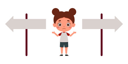 Cute little girl looking at road sign and decide the right way. Template for children design. Cartoon schoolgirl character. Vector illustrationのイラスト素材
