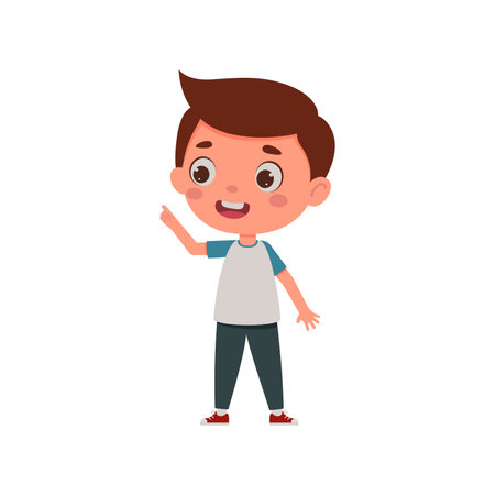 Cute little kid boy with great idea. Template for children design. Cartoon schoolboy character show facial expression. Vector illustrationのイラスト素材