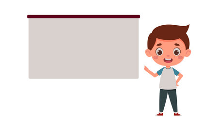 Cute little boy points his finger at the empty board. Template for children design. Cartoon schoolboy character. Vector illustrationのイラスト素材
