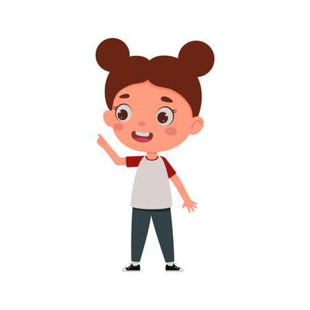 Cute little kid girl with great idea. Template for children design. Cartoon schoolgirl character show facial expression. Vector illustrationのイラスト素材