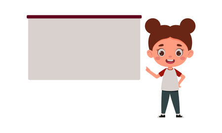 Cute little girl points his finger at the empty board. Template for children design. Cartoon schoolgirl character. Vector illustrationのイラスト素材