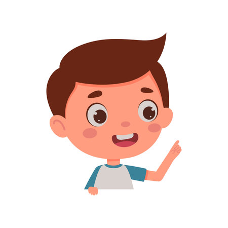 Cute little kid boy with great idea. Template for children design. Cartoon schoolboy character show facial expression. Vector illustrationのイラスト素材