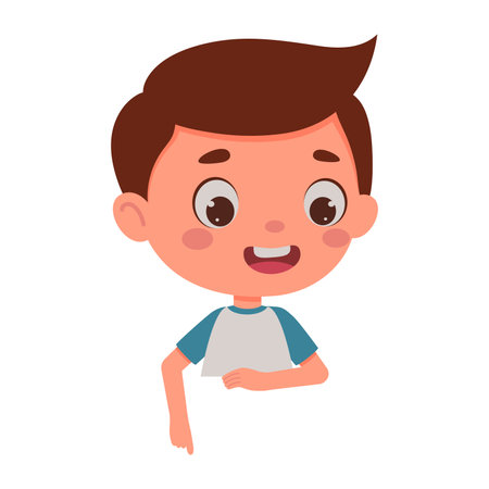 Cute little boy points his finger at the empty poster. Template for children design. Cartoon schoolboy character. Vector illustrationのイラスト素材