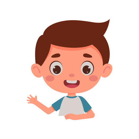 Cute cartoon little boy waving his hand. Little schoolboy character. Template for children design. Vector illustrationのイラスト素材