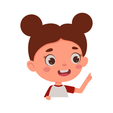 Cute little kid girl with great idea. Template for children design. Cartoon schoolgirl character show facial expression. Vector illustrationのイラスト素材