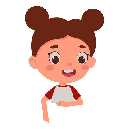 Cute little girl points his finger at the empty poster. Template for children design. Cartoon schoolgirl character. Vector illustrationのイラスト素材