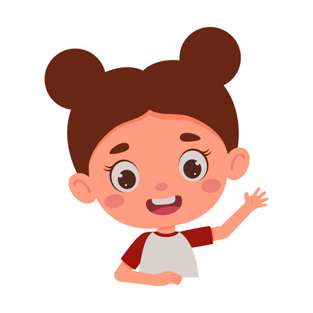 Cute cartoon little girl waving his hand. Little schoolgirl character. Template for children design. Vector illustrationのイラスト素材