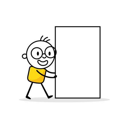 Comic man pushing a blank banner on white background. Hand drawn doodle boy. Vector stock illustration.のイラスト素材
