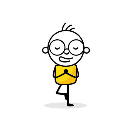 Clam man meditate in yoga pose and balance on one leg. Harmony, balance or meditation, mindfulness relaxation for life wellness, zen, focus or concentration concept. Vector stock illustration.のイラスト素材