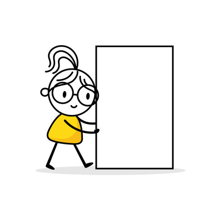 Comic woman pushing a blank banner on white background. Hand drawn doodle girl. Vector stock illustration.のイラスト素材