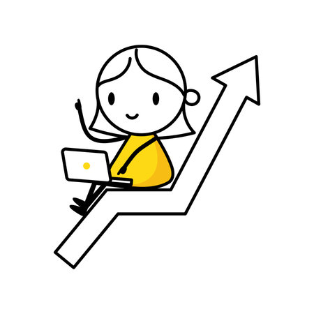 Comic woman sitting on arrow with laptop. Profit growth, economic uptrend or growing investment, financial forecast or prediction concept, success growing business concept. Vector stock illustration.のイラスト素材