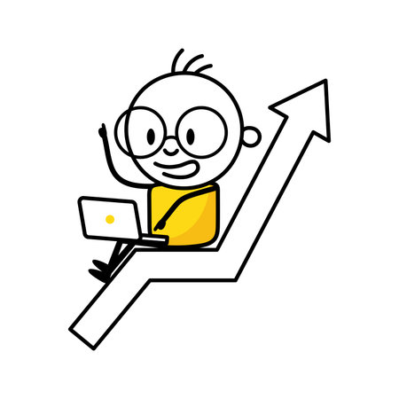 Comic man sitting on arrow with laptop. Profit growth, economic uptrend or growing investment, financial forecast or prediction concept, success growing business concept. Vector stock illustration.のイラスト素材