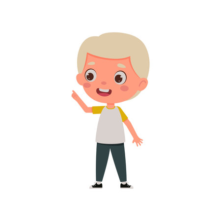 Cute little kid boy with great idea. Template for kids design. Cartoon schoolboy character show facial expression. vector illustration.のイラスト素材