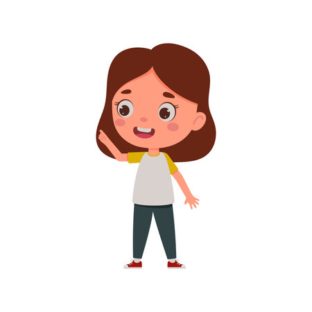 Cute little kid girl with great idea. Template for kids design. Cartoon schoolgirl character show facial expression. vector illustration.のイラスト素材