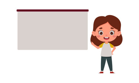 Cute little girl points his finger at the empty board. Template for kids design. cartoon schoolgirl character. vector illustration.のイラスト素材