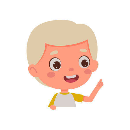 Cute little kid boy with great idea. Template for kids design. Cartoon schoolboy character show facial expression. vector illustration.のイラスト素材