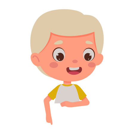 Cute little boy points his finger at the empty poster. Template for kids design. Cartoon schoolboy character. vector illustration.のイラスト素材