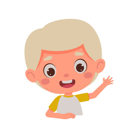 Cute cartoon little boy waving his hand. little schoolboy character. Template for kids design. vector illustration.のイラスト素材