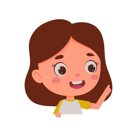 Cute little kid girl with great idea. Template for kids design. Cartoon schoolgirl character show facial expression. vector illustration.のイラスト素材
