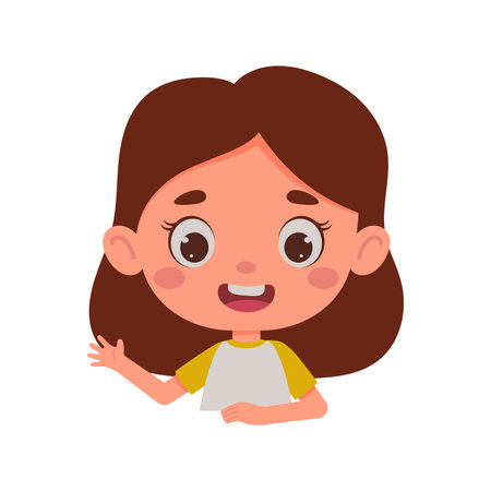 Cute cartoon little girl waving his hand. little schoolgirl character. Template for kids design. vector illustration.のイラスト素材