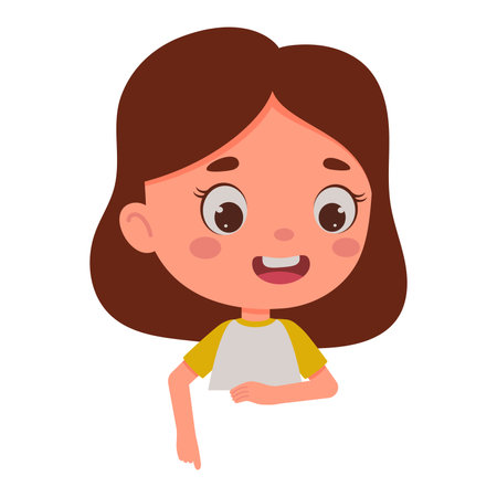 Cute little girl points his finger at the empty poster. Template for kids design. Cartoon schoolgirl character. vector illustration.のイラスト素材
