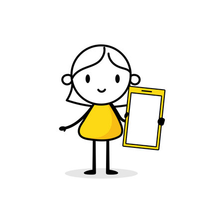 Businesswoman holds a mobile phone in his hand. Hand drawn doodle woman isolated on white background. Vector stock illustration.のイラスト素材