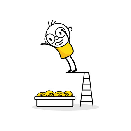 Comic man jump into coins. Happy millionaire with plenty of money, success businessman achieve financial freedom concept. Vector stock illustrationのイラスト素材