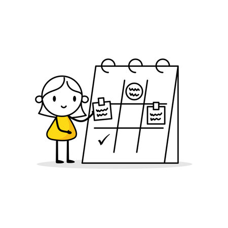 Comic woman organizing his calendar. Stay organized strict to schedule and deadline, control working process, manage habit for better productivity concept. Vector stock illustrationのイラスト素材
