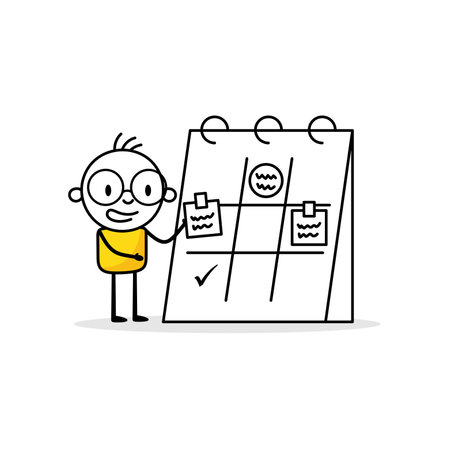 Comic man organizing his calendar. Stay organized strict to schedule and deadline, control working process, manage habit for better productivity concept. Vector stock illustrationのイラスト素材