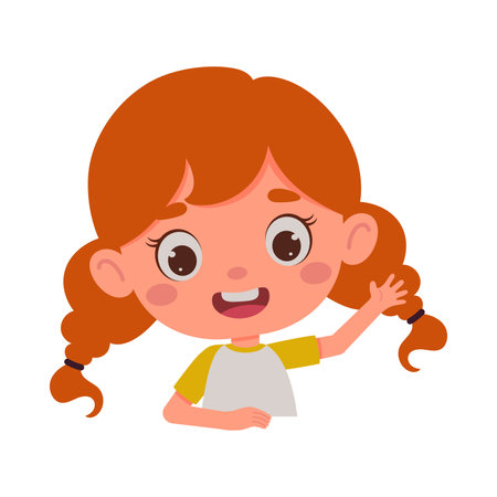 Cute cartoon little girl waving his hand. Little schoolgirl character. Template for children design. Vector illustrationのイラスト素材