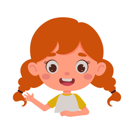 Cute cartoon little girl waving his hand. Little schoolgirl character. Template for children design. Vector illustrationのイラスト素材