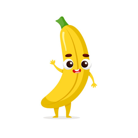 Funny cartoon banana. Kawaii fruit character. Vector food illustration isolated on white background.のイラスト素材