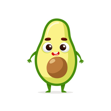 Funny cartoon avocado. Kawaii fruit character. Vector food illustration isolated on white background.のイラスト素材