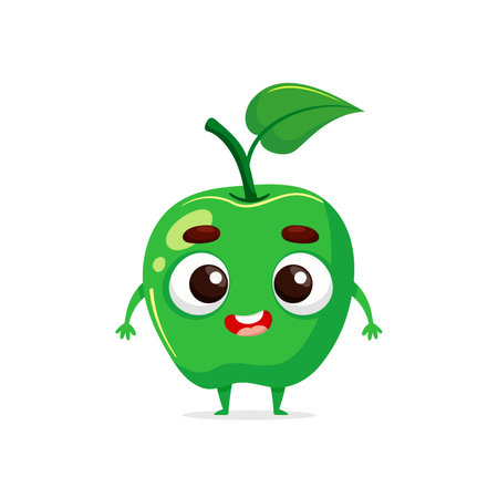 Funny cartoon apple. Kawaii fruit character. Vector food illustration isolated on white background.のイラスト素材