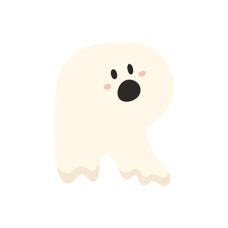 Cute Halloween alphabet letter R ghost character. Funny kids decorative lettering. for t-shirt, nursery decoration, baby shower, greeting card, invitation, scrapbooking. Vector stock illustrationのイラスト素材