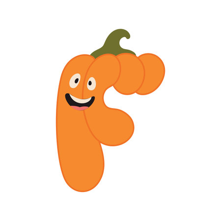 Cute Halloween alphabet letter F pumpkin character. Funny kids decorative lettering. for t-shirt, nursery decoration, baby shower, greeting card, invitation, scrapbooking. Vector stock illustration.のイラスト素材