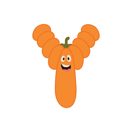 Cute Halloween alphabet letter Y pumpkin character. Funny kids decorative lettering. for t-shirt, nursery decoration, baby shower, greeting card, invitation, scrapbooking. Vector stock illustration.のイラスト素材