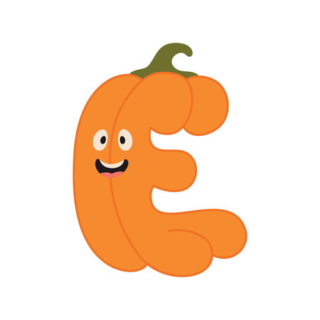 Cute Halloween alphabet letter E pumpkin character. Funny kids decorative lettering. for t-shirt, nursery decoration, baby shower, greeting card, invitation, scrapbooking. Vector stock illustration.のイラスト素材