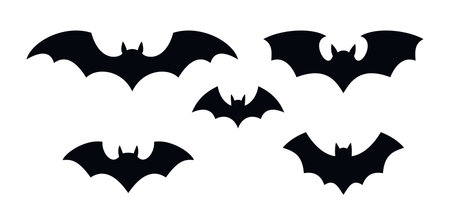 Set of black silhouettes of bats. Creepy decoration of horror design for Halloween party. Spooky background for october night party and invitations. Flat vector stock illustrationのイラスト素材