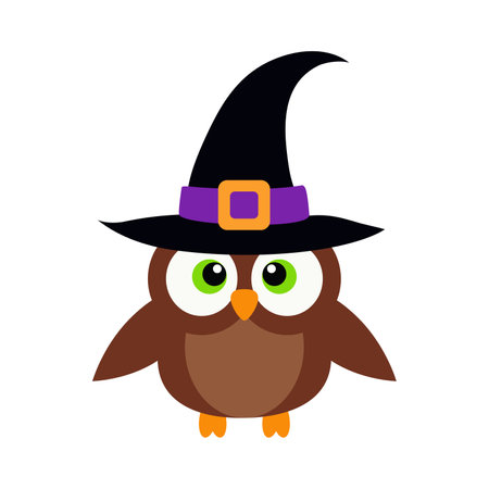Cute little owl on a hat. Cartoon animal character for kids cards, baby shower, invitation, poster, t-shirt composition, house interior. Vector stock illustrationのイラスト素材