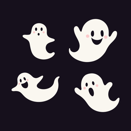 Set of cute ghosts. Scary ghostly monsters design decoration for Halloween party. Cartoon spooky character for October party and invitations. Flat vector stock illustrationのイラスト素材