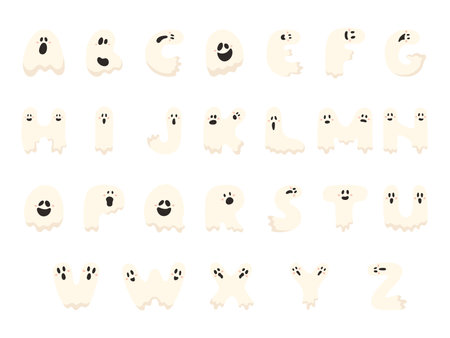 Cute Halloween alphabet letter ghost characters. Funny kids decorative lettering. for t-shirt, nursery decoration, baby shower, greeting card, invitation, scrapbooking. Vector stock illustrationのイラスト素材