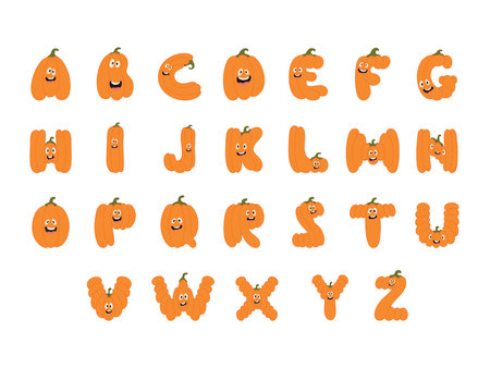 Cute Halloween alphabet letter pumpkin characters. Funny kids decorative lettering. for t-shirt, nursery decoration, baby shower, greeting card, invitation, scrapbooking. Vector stock illustrationのイラスト素材