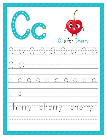 Trace letter C uppercase and lowercase. Alphabet tracing practice preschool worksheet for kids learning English with cartoon cherry. Activity page for Pre K, kindergarten. Vector illustrationのイラスト素材