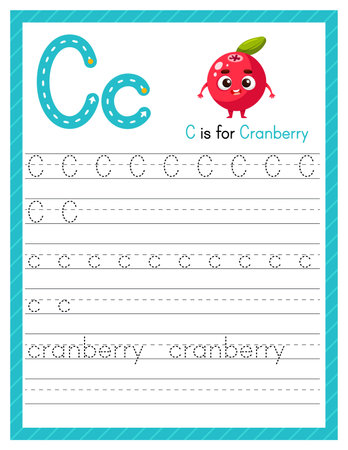 Trace letter C uppercase and lowercase. Alphabet tracing practice preschool worksheet for kids learning English with cartoon cranberry. Activity page for Pre K, kindergarten. Vector illustrationのイラスト素材