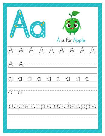 Trace letter A uppercase and lowercase. Alphabet tracing practice preschool worksheet for kids learning English with cartoon apple. Activity page for Pre K, kindergarten. Vector illustrationのイラスト素材