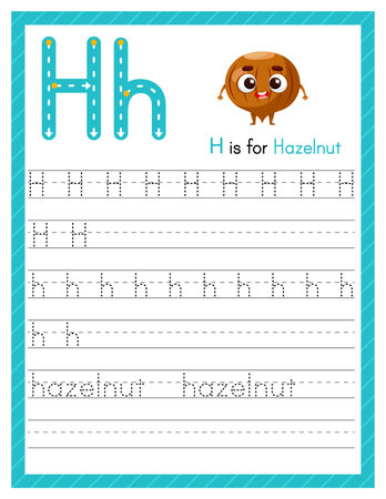 Trace letter H uppercase and lowercase. Alphabet tracing practice preschool worksheet for kids learning English with cartoon hazelnut. Activity page for Pre K, kindergarten. Vector illustrationのイラスト素材
