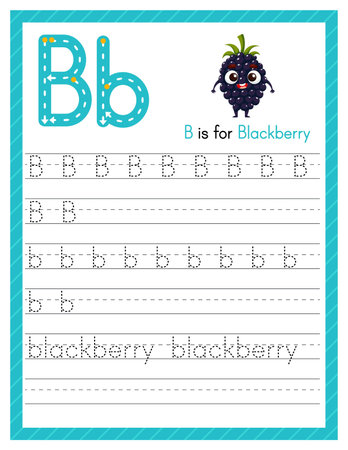 Trace letter B uppercase and lowercase. Alphabet tracing practice preschool worksheet for kids learning English with cartoon blackberry. Activity page for Pre K, kindergarten. Vector illustrationのイラスト素材