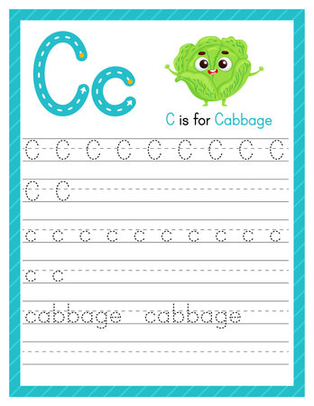Trace letter C uppercase and lowercase. Alphabet tracing practice preschool worksheet for kids learning English with cartoon cabbage. Activity page for Pre K, kindergarten. Vector illustrationのイラスト素材