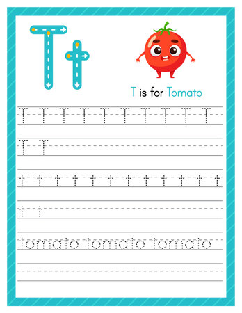 Trace letter T uppercase and lowercase. Alphabet tracing practice preschool worksheet for kids learning English with cartoon tomato. Activity page for Pre K, kindergarten. Vector illustration.のイラスト素材